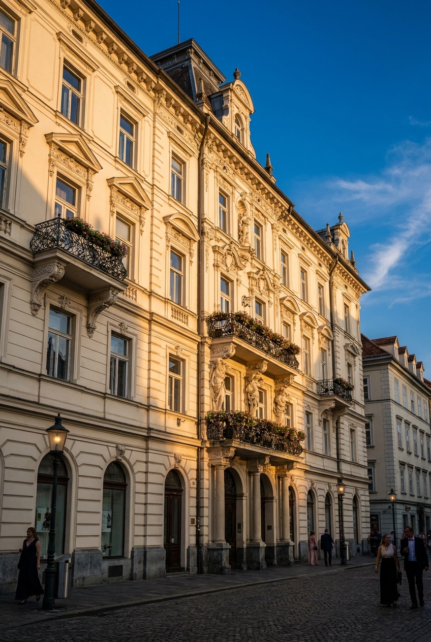 Elegantes historisches Wohngebäude in Graz mit klassischer Fassade im warmen Abendlicht
